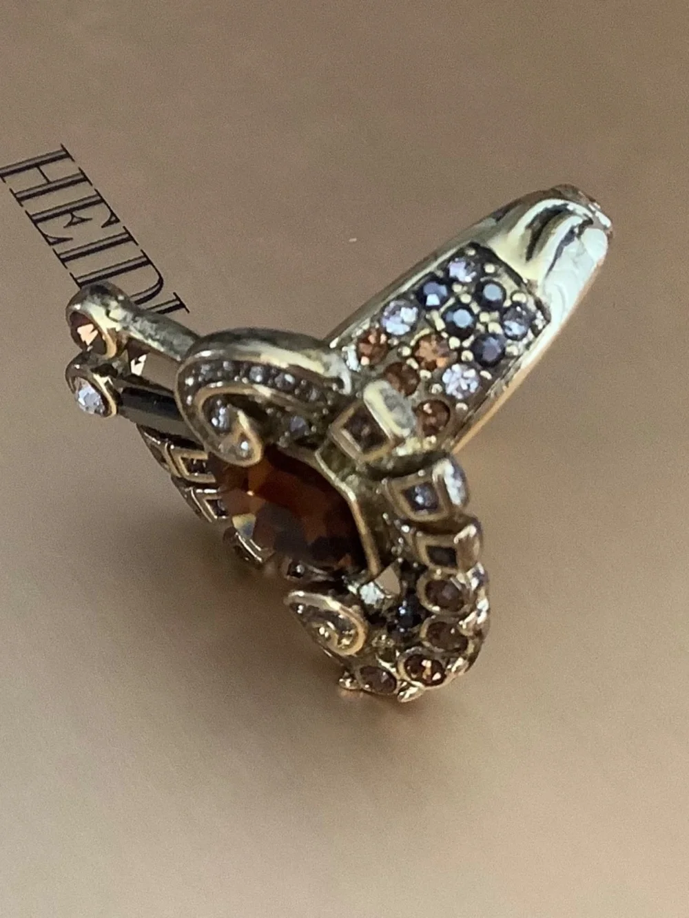 HEIDI DAUS French Ribbon Crystal Art Deco Bow Ring & Earrings Smoked Topaz SZ 9